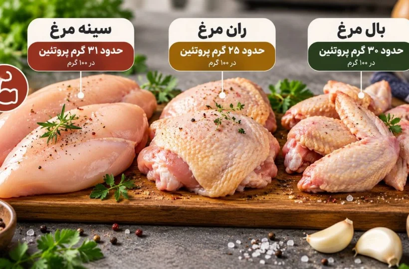 کدام قسمت مرغ بیشترین پروتئین را دارد؟ مقایسه کامل سینه، ران و بال