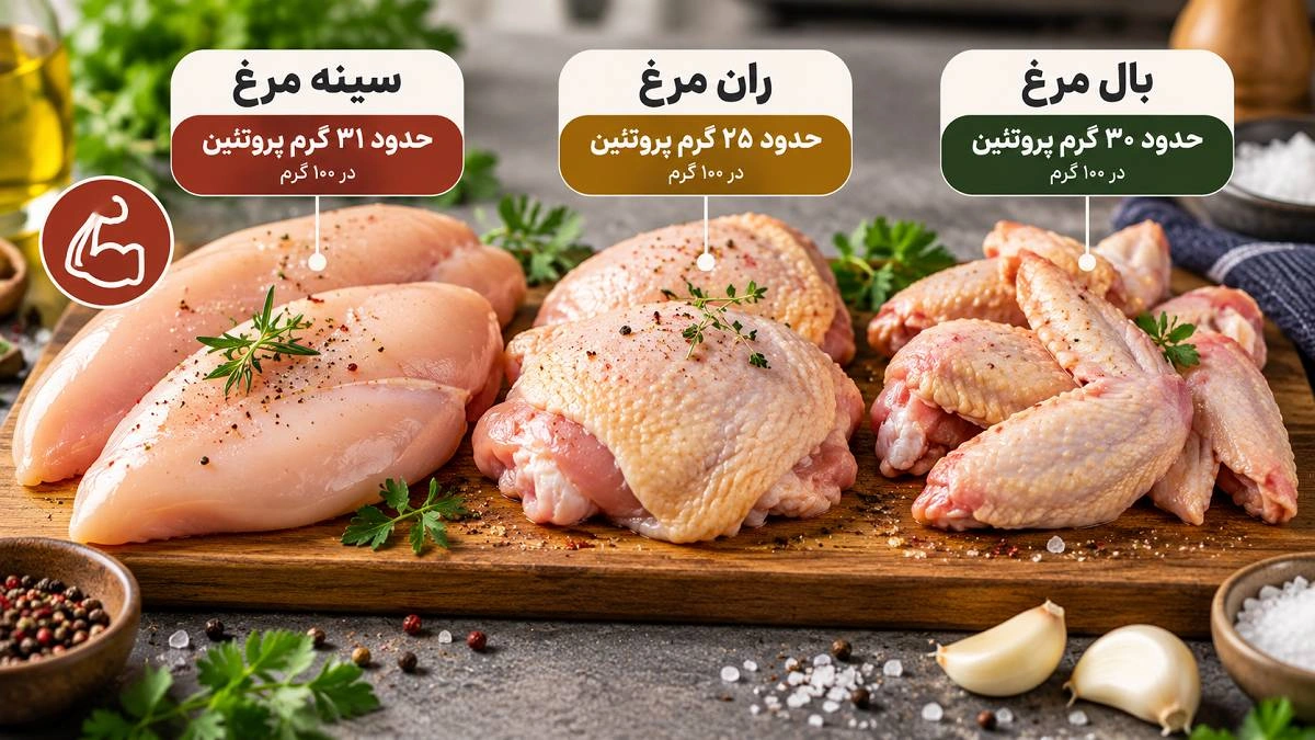 کدام قسمت مرغ بیشترین پروتئین را دارد؟ مقایسه کامل سینه، ران و بال